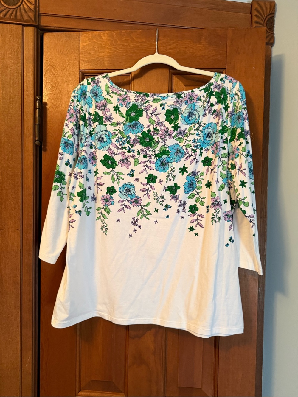 Talbots White Scoop Neck Long Sleeve Tee with Blue, Green & Purple Floral Print